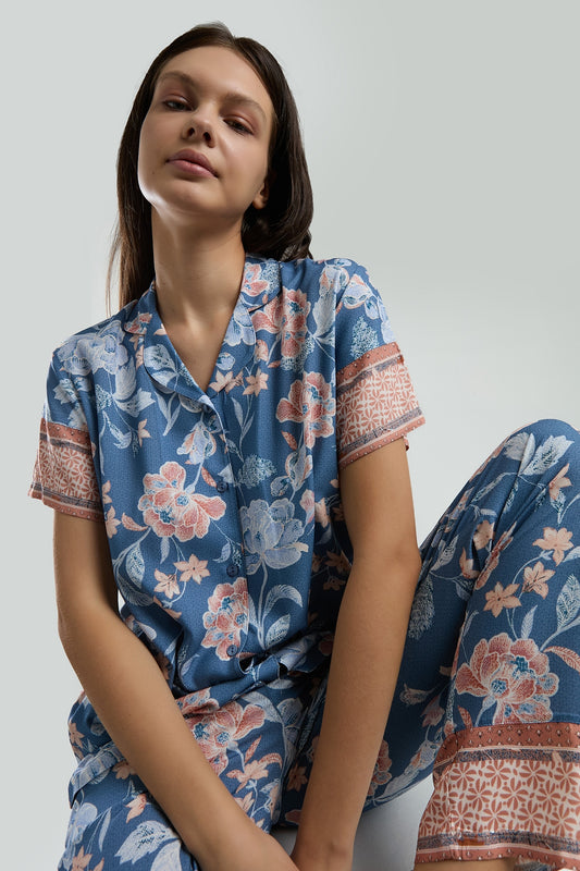 AR3201 - İndigo - Arnetta Kadın Gömlek Pijama Takımı